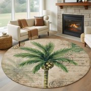 Green Coconut Tree 7 Round Rug for Living Room Conversation Area, Rustic Tropical Botanical Summer Country Washable Non Slip Large Circle Area Rug
