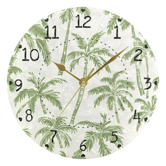 Green Coconut Trees Vintage Colored Round Wall Clock Silent Analog Battery Operated Gold Pointer Home Decor 9.84" Diameter