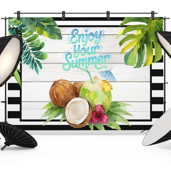 Green Coconuts Backdrops for Photography, Enjoy Your Summer Tropical Fruit Wood Striped Fabric Photo Background Sturdy Studio Props for Photo Studio, Video Recording, Booth & Photoshoot 7x5ft