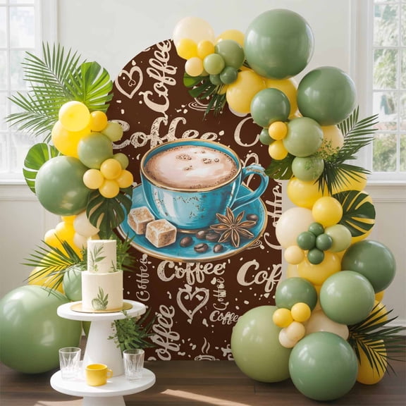 Green Coffee Cup Beans Arch Backdrop Cover, 7.2FT, Sugar Vintage Dark Brown Spandex Arch Covers Double-Sided Backdrop for Wedding Birthday Party Photo Background Decoration