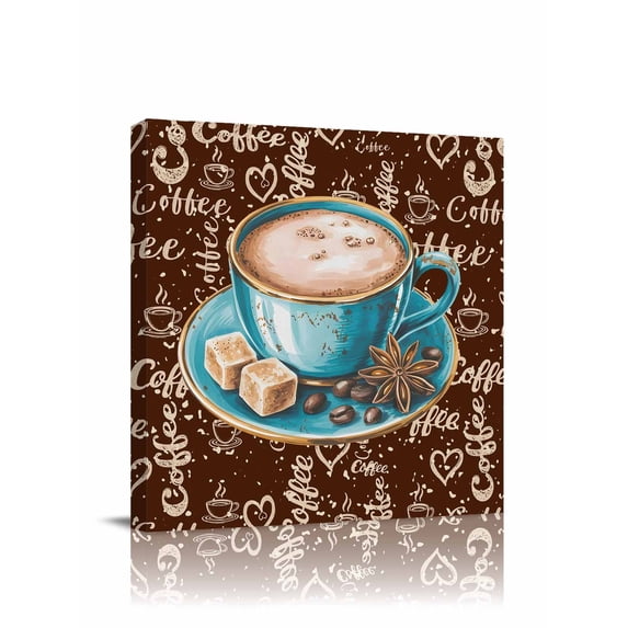 Green Coffee Cup Beans Canvas Wall Art, Sugar Vintage Dark Brown Framed Wall Decor Modern Artwork Prints Painting for Living Room, Bedroom, Kitchen & Cafe Decor 20x20 Inch