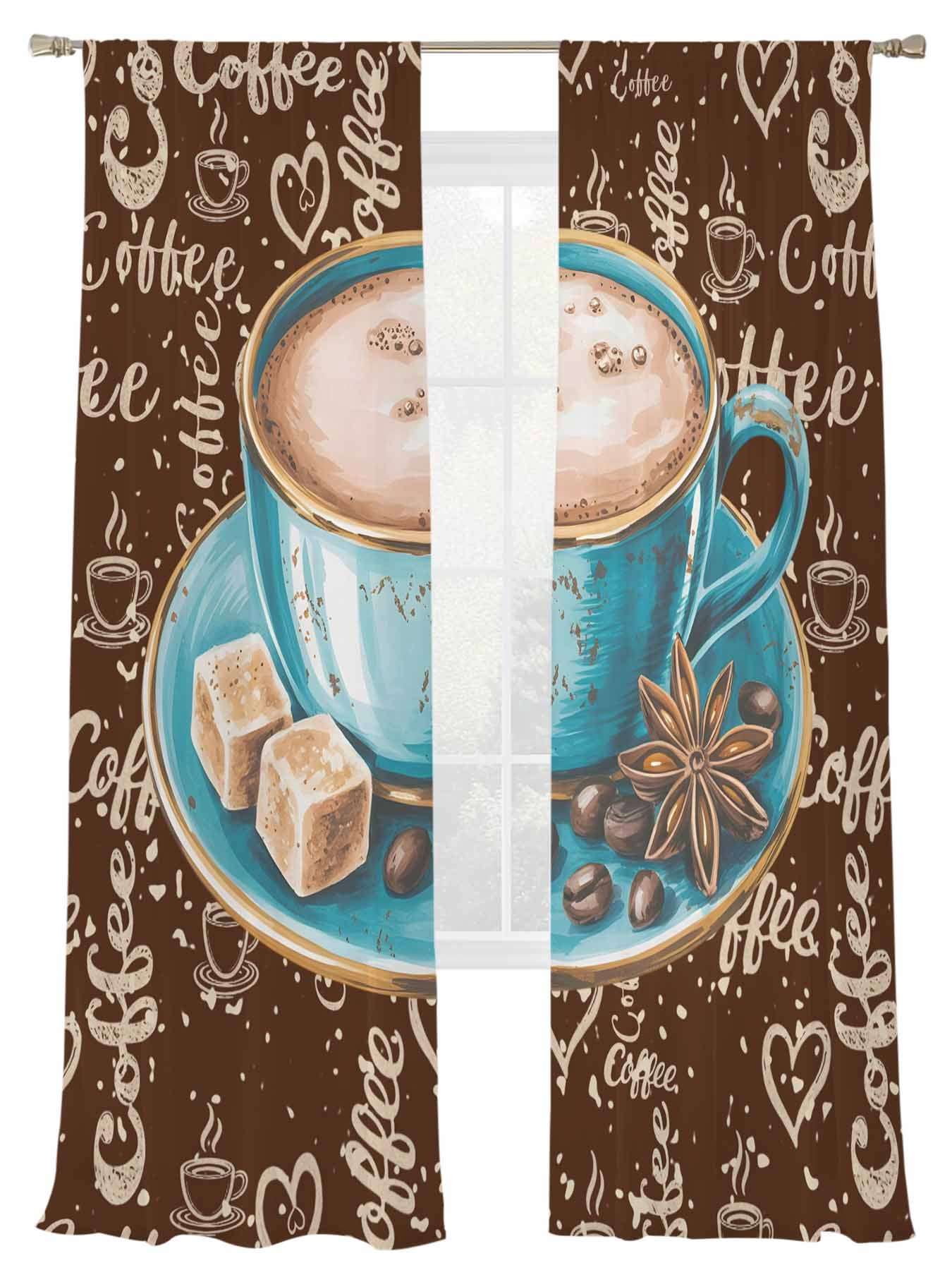 Green Coffee Cup Beans Sheer Curtains 2 Panels Set Sugar Vintage Dark ...