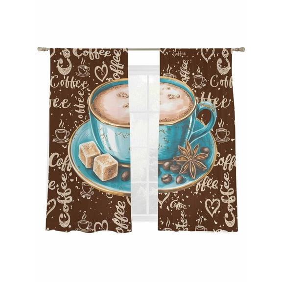 Green Coffee Cup Beans Sheer Curtains for Living Room Bedroom, Sugar Vintage Dark Brown Light Filtering Sheer Curtains, Rod Pocket Voile Window Drapes, 2 Panels Set 52"x 72"