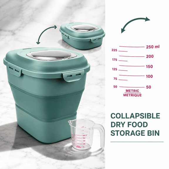 Green Collapsible Dry Food Storage Container with Rolling Wheels