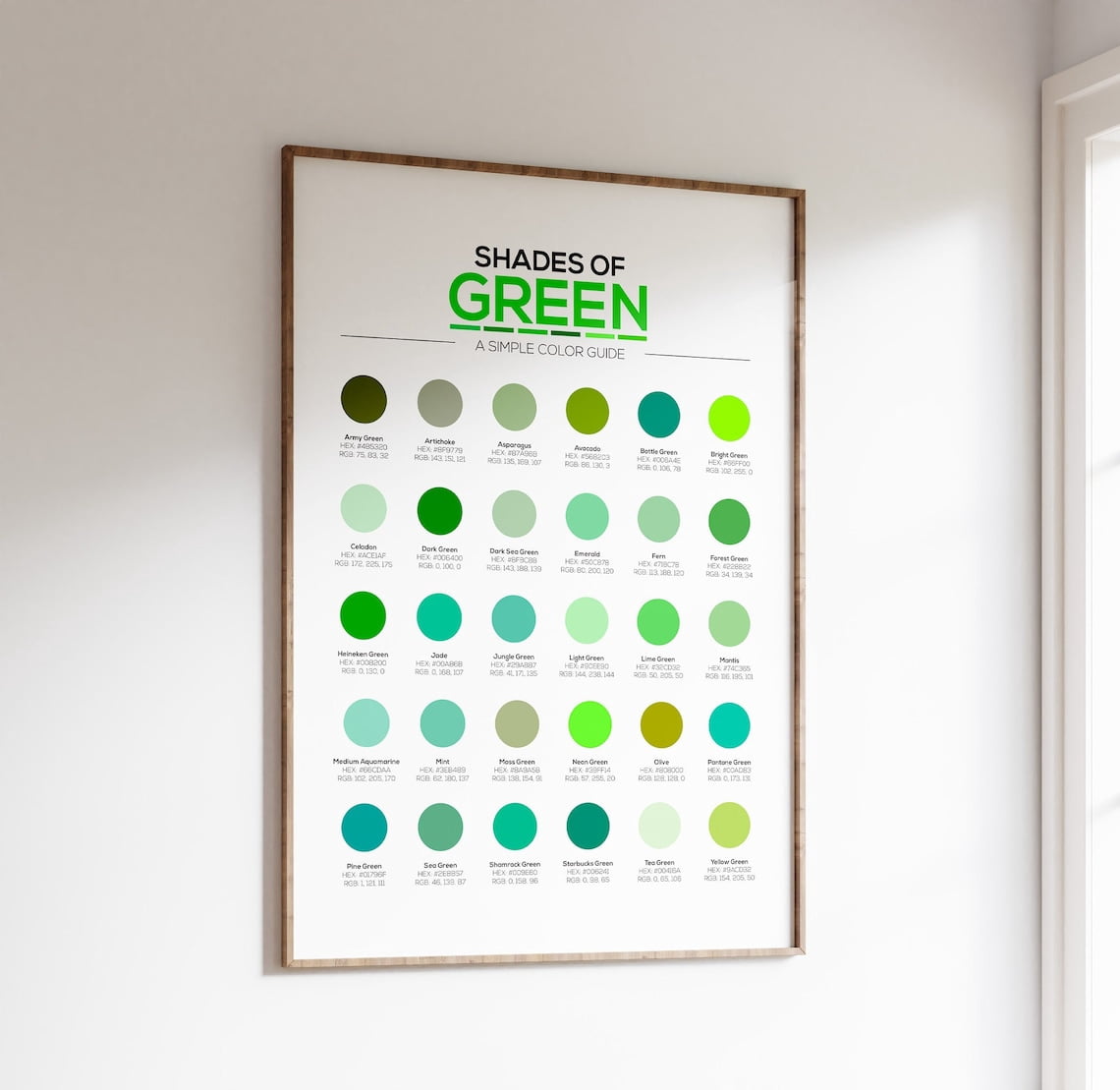 Rgb Poster Examples Green Color Chart Shades Hex RGB Poster, Stretched Canvas 12x16in ...