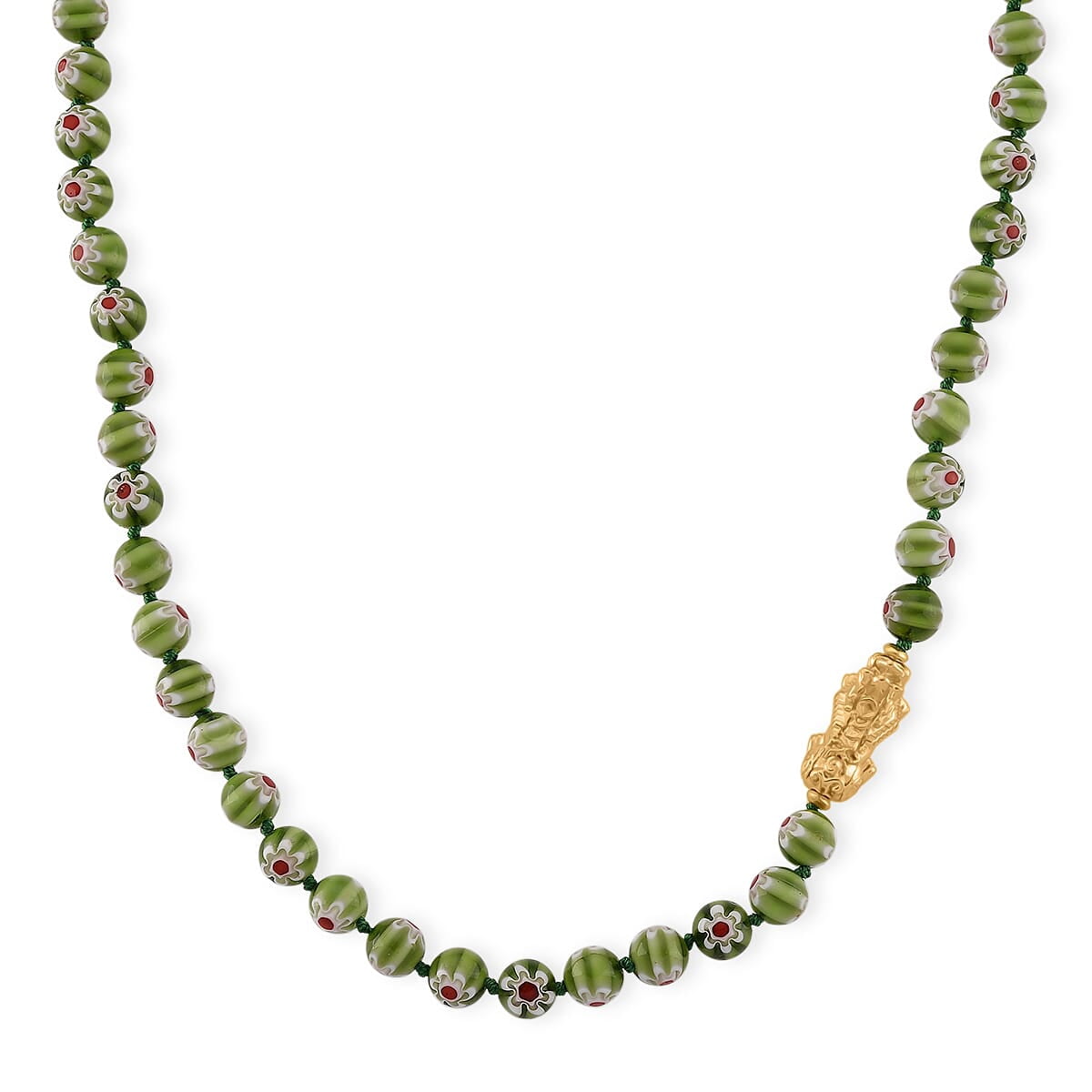 Green Color Murano Style Beaded Necklace with Pixiu Charm in Goldtone 20 Inches