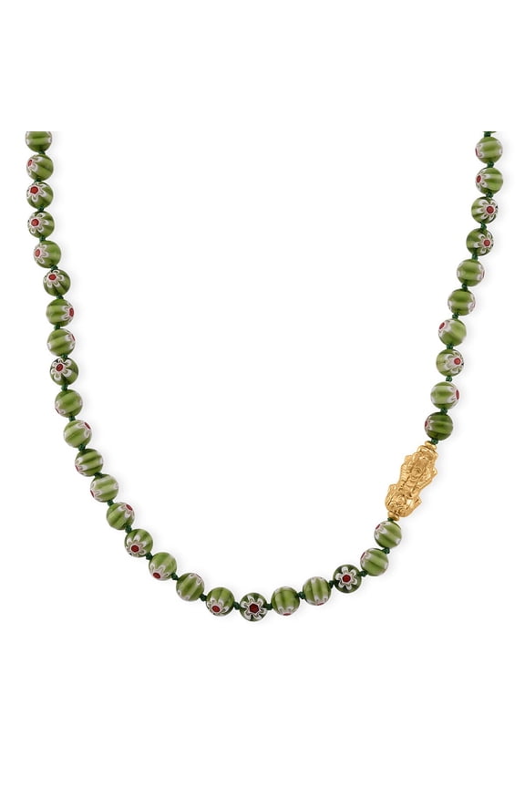 Green Color Murano Style Beaded Necklace with Pixiu Charm in Goldtone 20 Inches