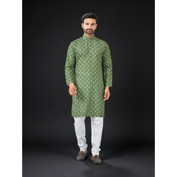 Green Color Traditional Men's Kurta Pajama Set– Cultural Wear for Men