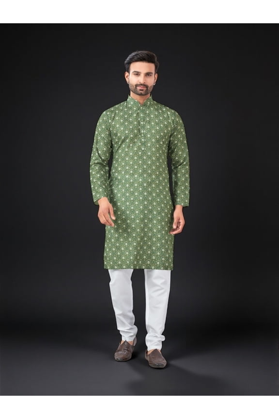 Green Color Traditional Men's Kurta Pajama Set– Cultural Wear for Men