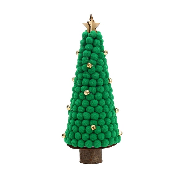 Green Colorful Wool Christmas Tree Figurine, 26X9Cm Pom Pom Leaf Decor With Bells, Desktop Tabletop Holiday Display