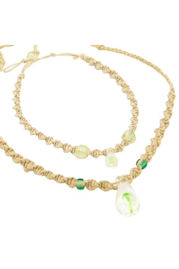 Green Combo-Mushroom Glass Pendants Hemp Anklet/Choker Sets