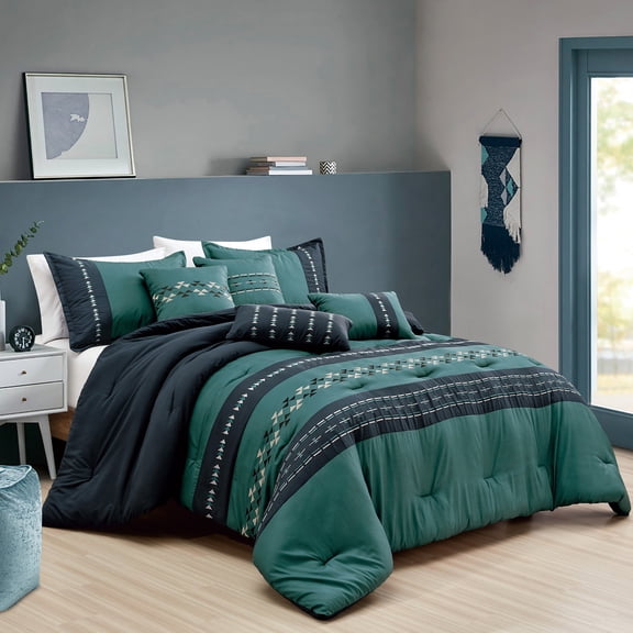 Green Comforter Set King Size - 7-Piece Southwest Tribal Bedding Set