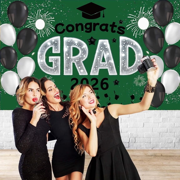 Green Congrats Grad 2026 Banner, Large Graduation Banner Green White and Black Graduation Party Decorations, Class of 2026 Grad Photo Backdrop Graduations Party Supplies 8x4ft