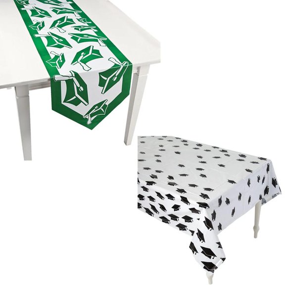 Green Congrats Grad Disposable Table Runner & Tablecloth Decorating Kit  2 pc
