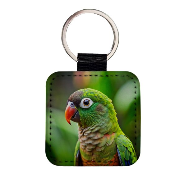Green Conure Parakeet Bird Faux Leather Square Keychain