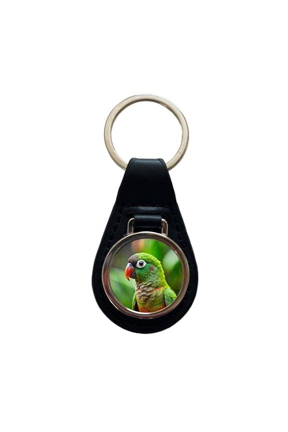 Green Conure Parakeet Bird Metal Black Leather Keychain