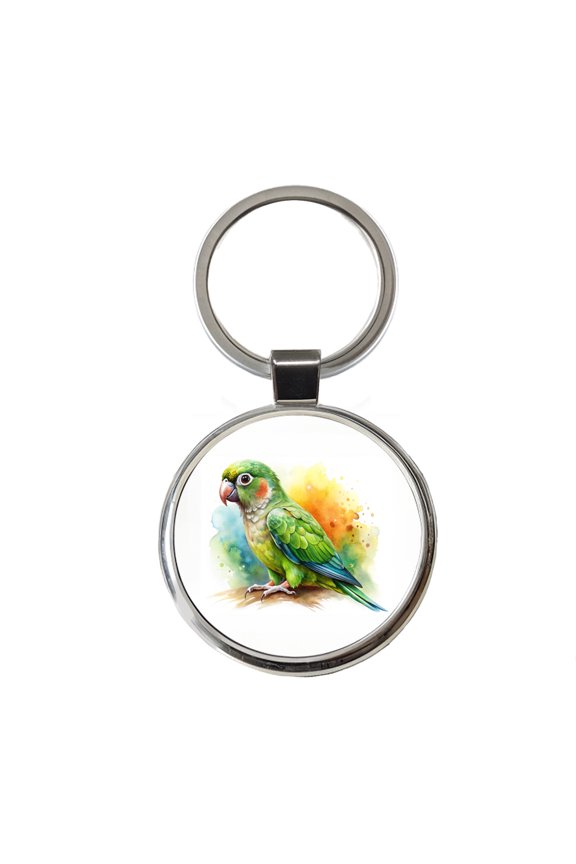 Green Conure Parakeet Bird Watercolor Metal Round Keychain