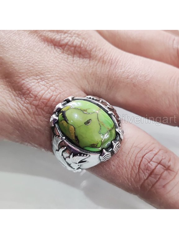 Green Copper Turquoise Mans Ring, Natural Green Copper Turquoise, Eagle Claw Ring, Silver Jewelry, 925 Silver Ring, Birthday Gift, Heavy Mens Ring, Arabic Design, Christmas, Turkey Mens Signet Ring
