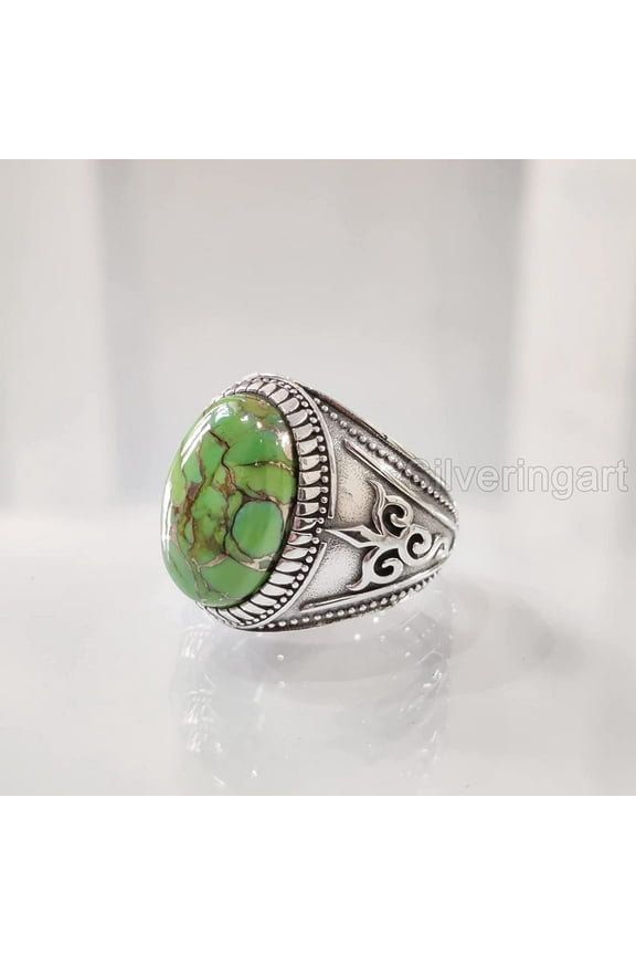 Green Copper Turquoise Mans Ring, Natural Green Copper Turquoise, Silver Jewelry, 925 Silver Ring, Birthday Gift, Heavy Mens Ring, Arabic Design, Ottoman Style Ring, Christmas, Turkey Mens Signet Ring
