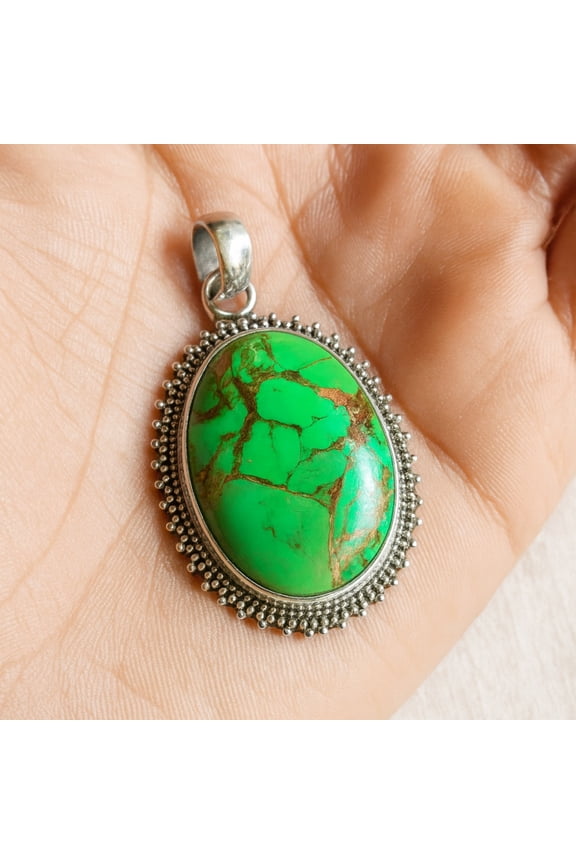 Green Copper Turquoise Pendant, 925 Sterling Silver, Boho Gemstone Jewelry for Women