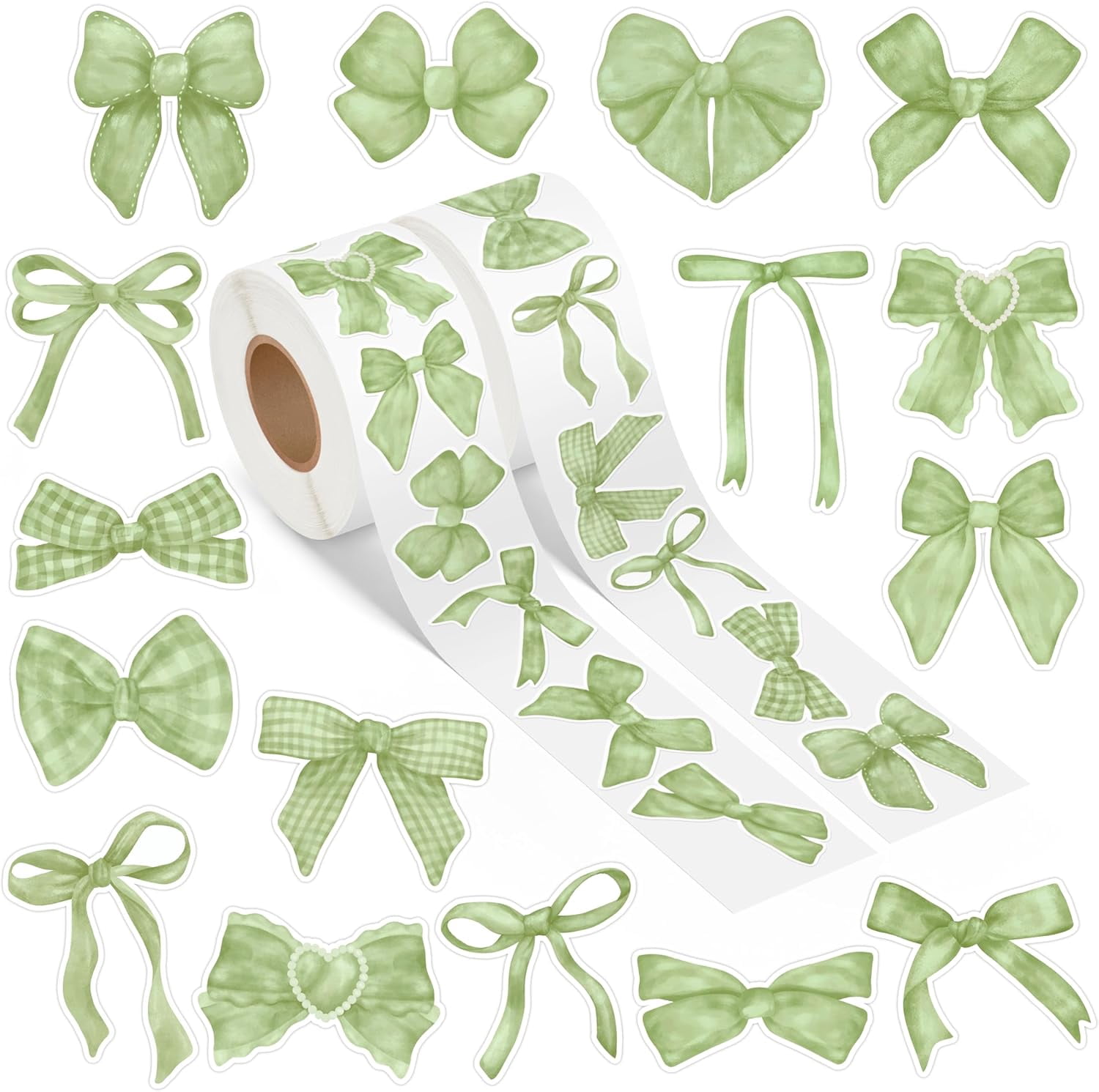 Green Coquette Bow Sticker - 1000Pcs Spring Watercolor Retro Green Vintage Waterproof Bow Aesthetic Decals for Kids Girls Scrapbook Crafts Laptop Party Favors Windows Water Bottle Decoration
