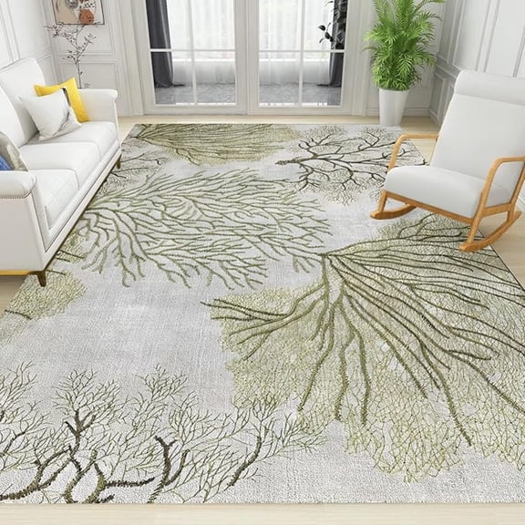 Green Coral Area Rug, Nautical Beach Ocean Themed Non Slip Throw Accent Rug, Easy Care Durable Carpet For Indoor Living Room Bedroom Office Decor Mat 4x5ft