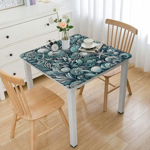 Green Coral WhiteTable Cover,Fitted Tablecloth for Table Washable Elastic Stretch Patio Tablecloths, Table Cloth for Cocktail Wedding