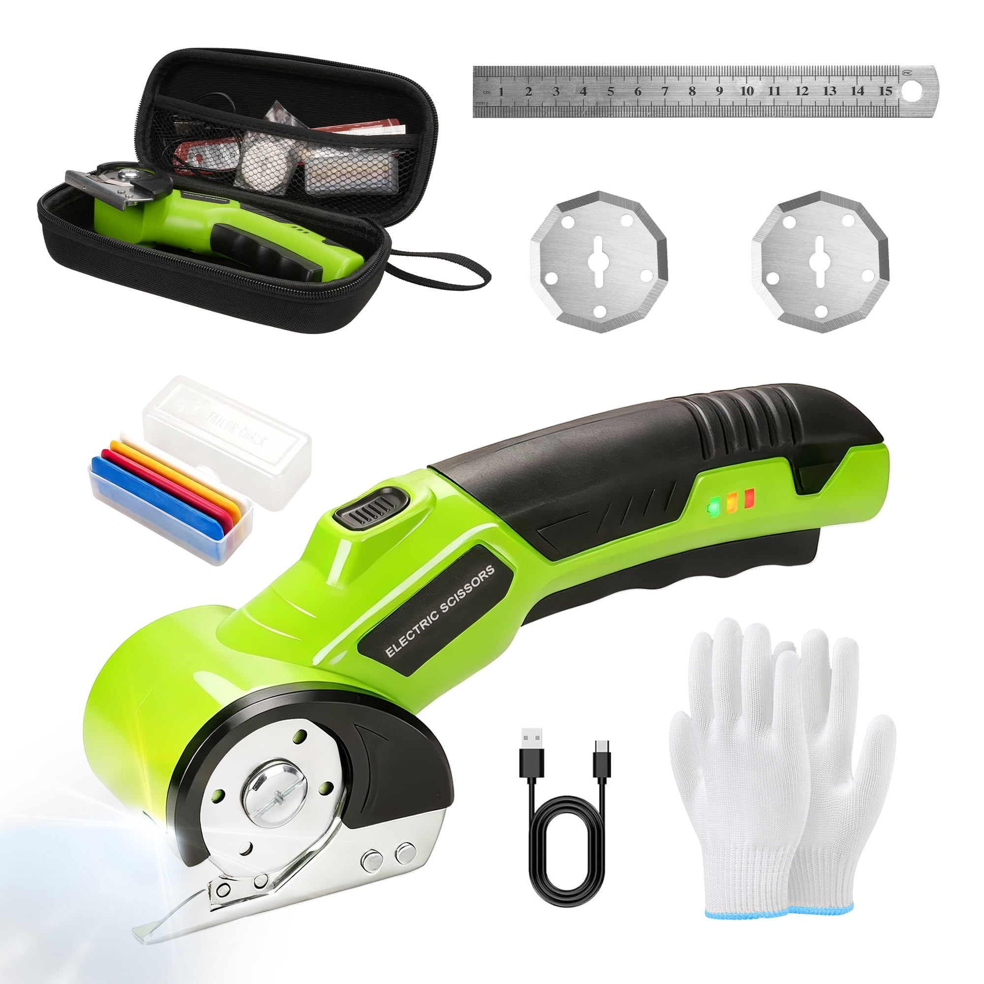Green Cordless Electric Scissors, Professional Fabric Cutting Kit, With 3 Sharp Blades, Steel Ruler, Fabric Marking Pen, Storage Case, Delivers Smooth And Even Cuts