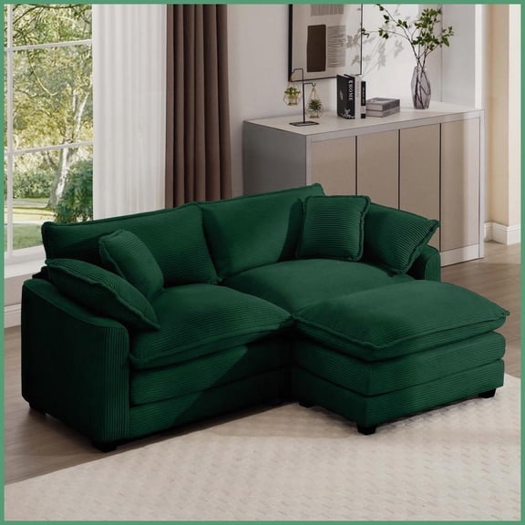 Green Corduroy 2-Seater L-Shaped Sofa with Ottoman - Modern Retro Style for Small Spaces