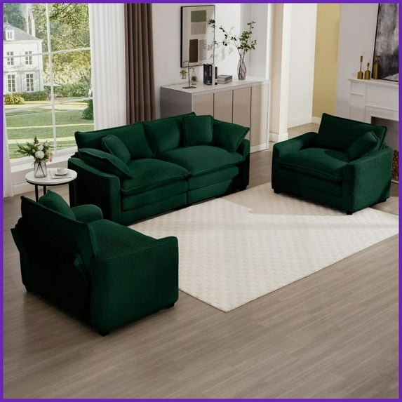 Green Corduroy 3-Piece Sofa Set – Classic Modern Style for Living Room/Home Theater with Plush Cushions