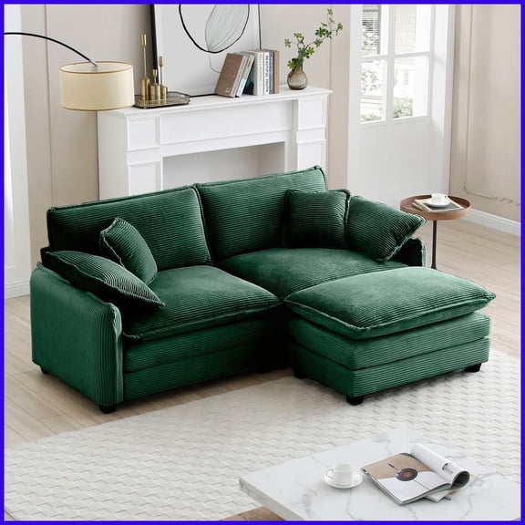 Green Corduroy L-Shaped 2-Seater Sofa with Ottoman - Retro Modern Style for Small Living Spaces