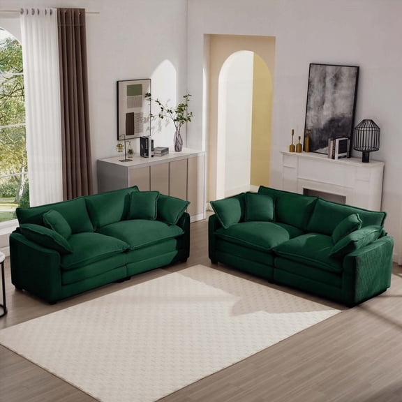 Green Corduroy Living Room Sofa Set - Two Sofas, 8 Cushions, Offering Unrivaled Comfort & Retro Charm