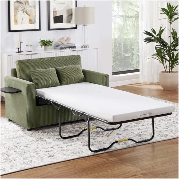 Green Corduroy Twin Size Sleeper Sofa with USB Ports, Side Table, and Storage Pocket for Small Spaces