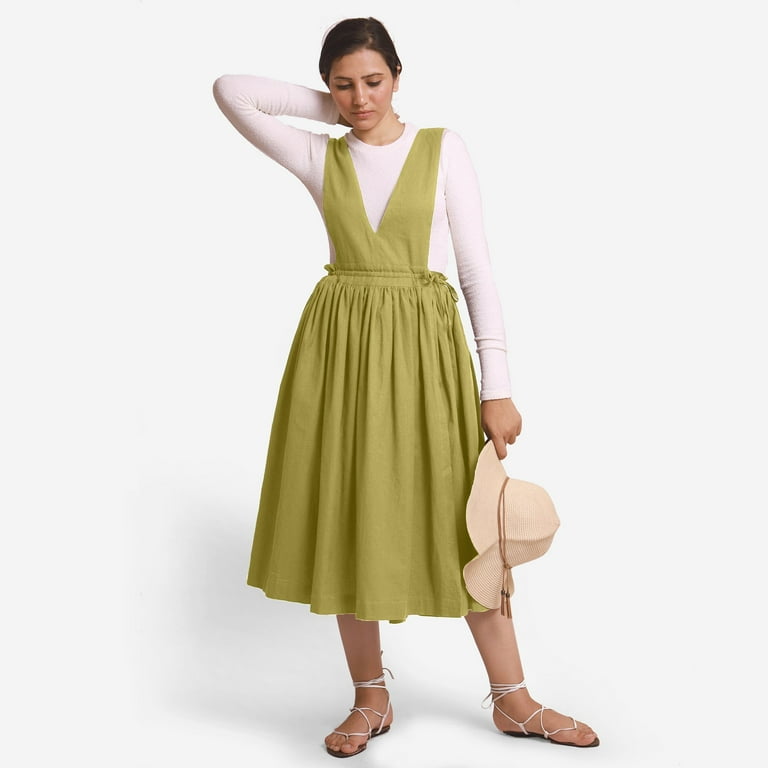 Green Cotton Flax Pinafore Midi Wrap Dress