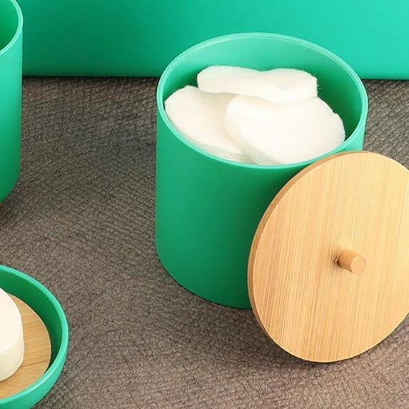 Green Cotton Pad and Q-Tip Holder Padang with Bamboo Top - Organize in Style, Bathroom Vanity Organizer