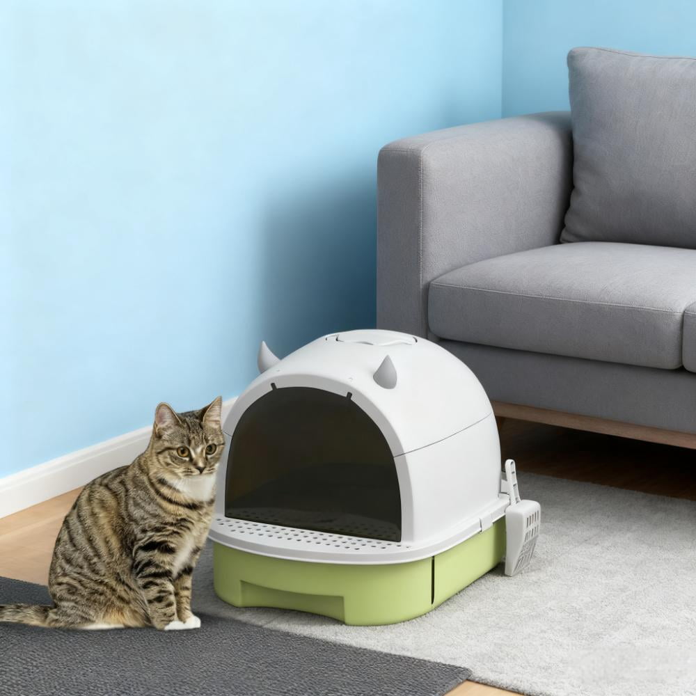 Green Covered Cat Litter Box with Lid, Enclosed Litter Box with Drawer, Scoop, Deodorizing Bags, Anti-Tracking Pedal, Portable No Assembly for Cats Under 10 lbs