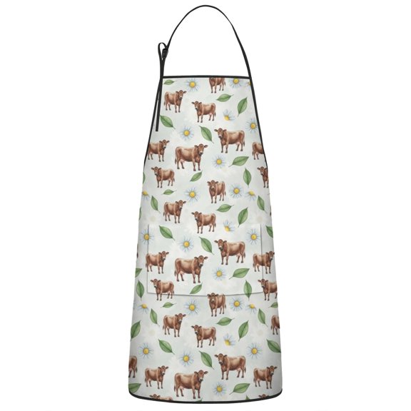 Green Cow Daisy Leaf Pattern Apron-Garden Aprons for Women with Pockets-Cotton Linen Waterproof Kitchen Cooking Gardening Aprons Adjustable for Kitchen,Cooking,BBQ and Salon 33x27 Inch