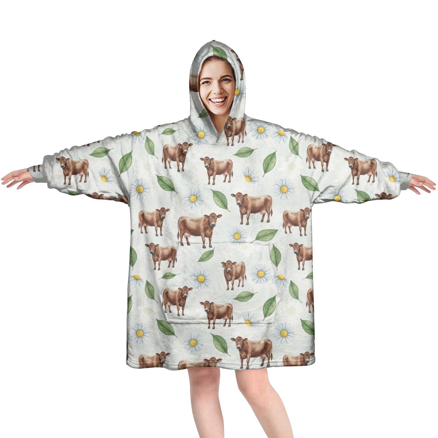 Green Cow Daisy Leaf Pattern Wearable Oversized Blanket,Wearable Blanket Hoodie for Adults,Cozy Hooded Blankets with Super Pockets,Super Warm Fuzzy Pullover for Women & Men