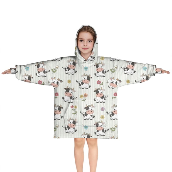 Green Cow Flower Pattern Blanket Hoodies for Kids 6-13YR Oversize Wearable Blanket Hoodies for Boys Girls Teens