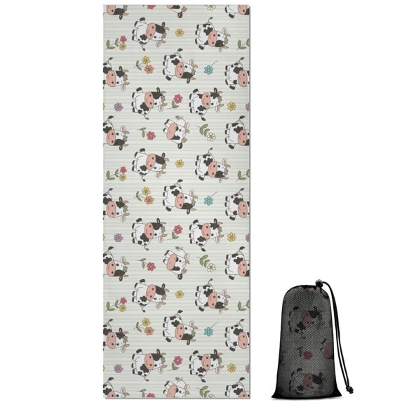 Green Cow Flower Pattern Hot Yoga Mat Towel Non Slip for Hot Yoga - Quick-Drying Yoga Mat Cover with 4 Corner Pockets with Travel Bag - Hot Yoga Towel Non Slip Grip Moisture Wicking Sweat 70"x26"