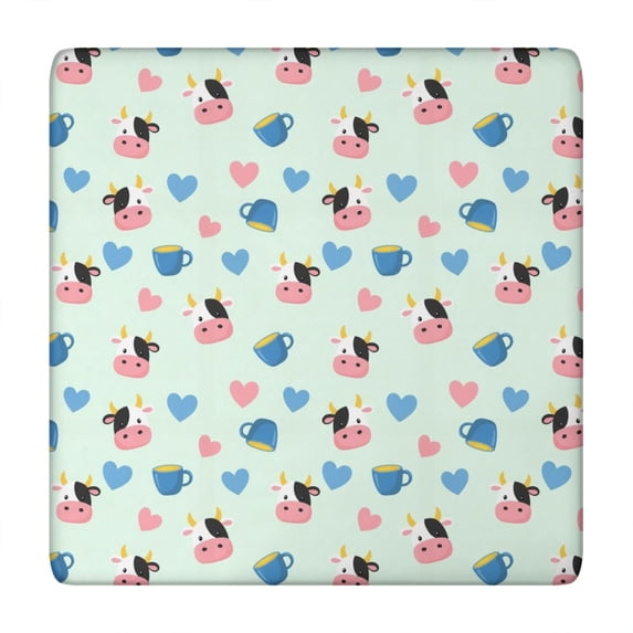 Green Cow Heart Cup Pattern Square Fitted Tablecloth with Elastic Edge,Square Table Cover,Washable Elastic Table Cover for Home Kitchen Party Decor 34"x34"