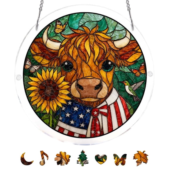 Green Crack Mosaic Stained Glass Patriotic Circular Puzzle Suncatcher Plaque, Front Window Decor Cow Portrait With Flag Tie, Sunflower Butterflies Hummingbird Farm Porch Indoor Scene Layout