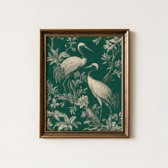Green Crane Bird Wall Art Print, Vintage Botanical Wildlife Illustration And Nature Inspired ...