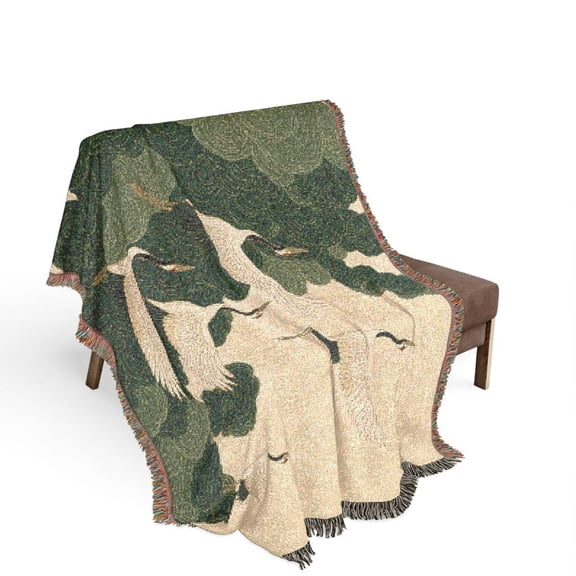 Green Crane and Stylized Wave Woven Blanket, 100% Cotton, Nature-Inspired Accent for Sofa, Bed, or Reading Nook