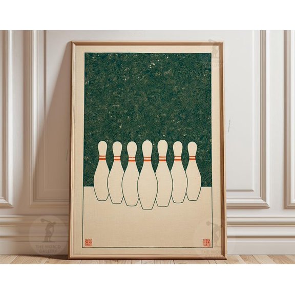 Green Cream Bowling Pins Minimalist Sports Wall Art Print, Unframed Paper Poster 8x10in