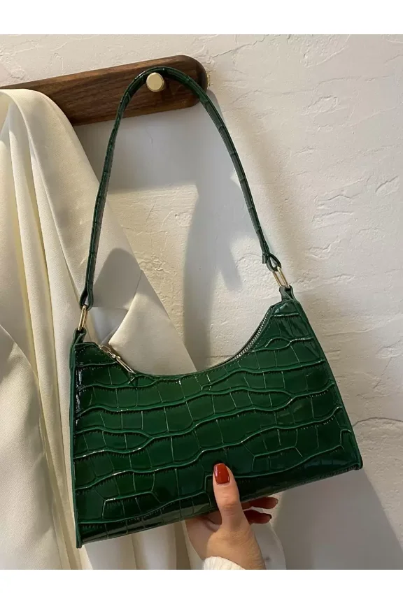 Green Croc-Embossed Vegan Leather Shoulder Bag With Zipper Closure