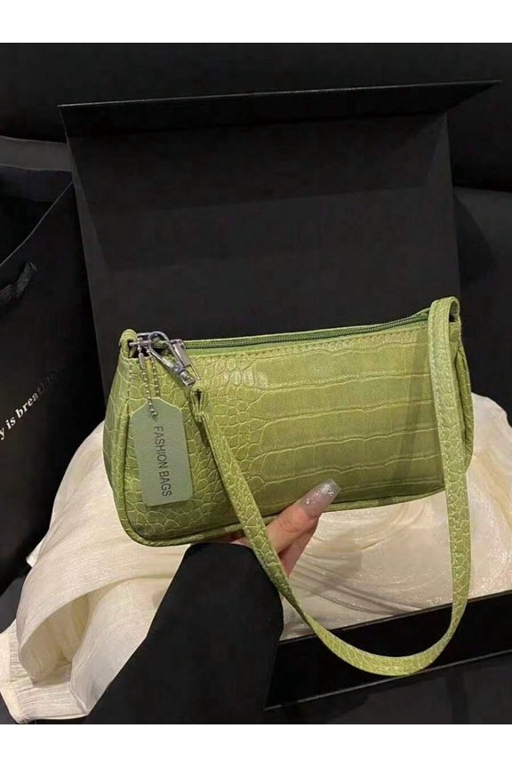Green Crocodile Embossed Crescent Shoulder Bag With Zipper Closure