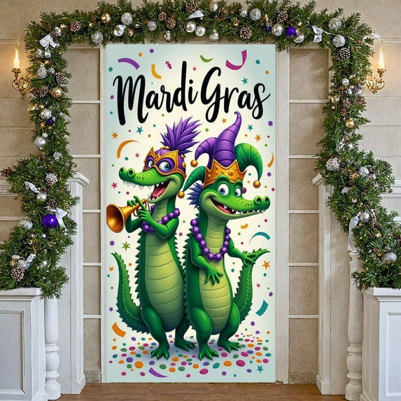 Green Crocodile Mardi Gras Banner Purple Feather Carnival Display Gold Crown Masquerade Mask Festive Backdrop for Mardi Gras Celebration Carnival Parade Festive Party