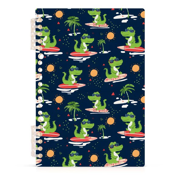 Green Crocodile Surfing Pattern A5 Notebook Refillable 60 Sheets Detachable Ring Binder PP Cover Journal