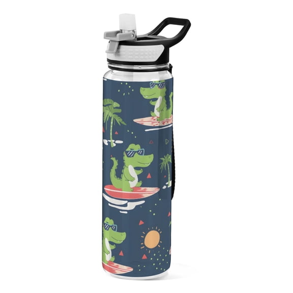 Green Crocodile Surfing Pattern Sport Water Bottle Tritan with Straw 1000ml Portable for Outdoor Daily Use